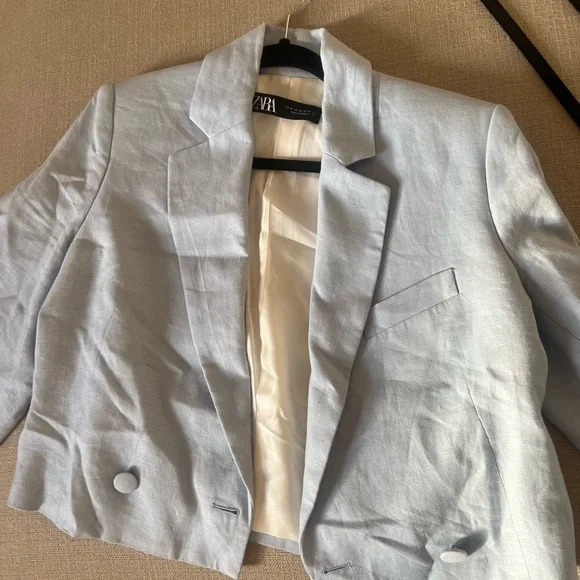 Zara Pale Blue Cropped Linen Blazer - Picture 4 of 4